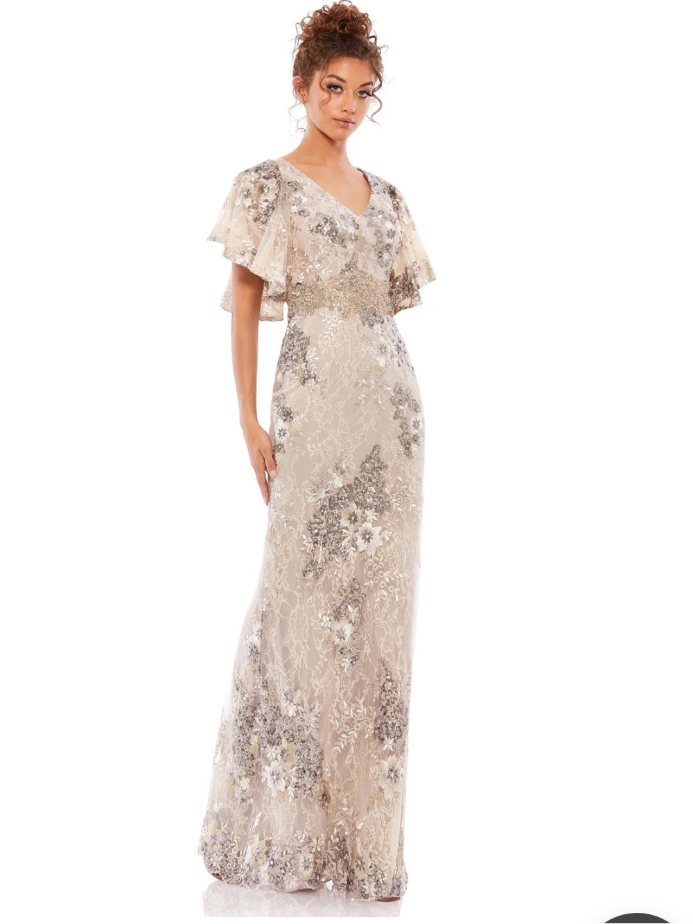 NWT Mac Duggal Embellished Beaded 67842 Floral Flutter Sleeve Gown 8